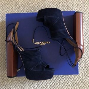 Aquazzura Firenze Ink Blue and Camel Suade Heels